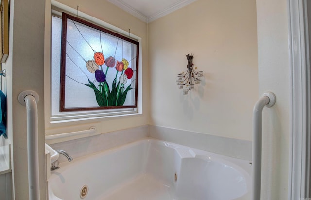 full bathroom featuring ornamental molding and a jetted tub