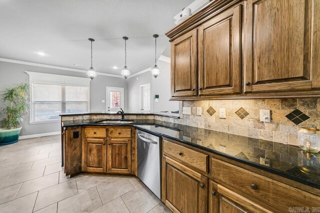 kitchen with tasteful backsplash, a peninsula, stainless steel dishwasher, a sink, and light tile patterned flooring