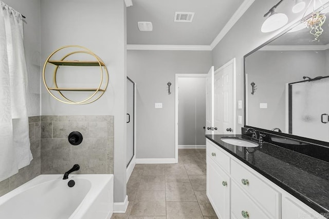 full bath featuring a shower stall, visible vents, and ornamental molding