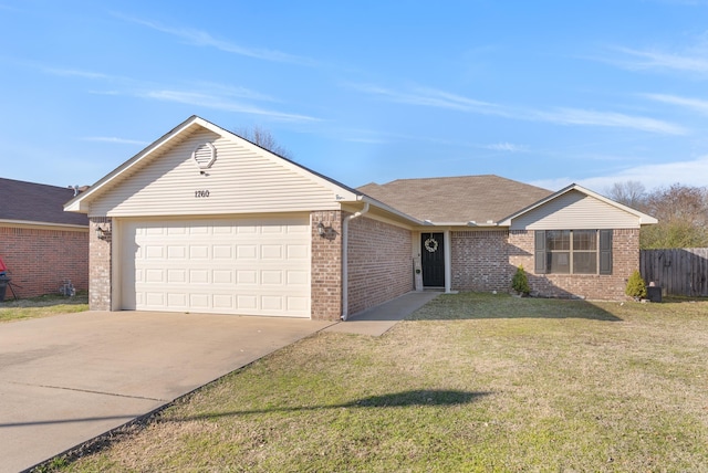 single story home with brick siding, concrete driveway, a front yard, fence, and a garage