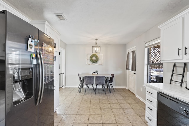 kitchen featuring black dishwasher, visible vents, white cabinets, light countertops, and stainless steel refrigerator with ice dispenser