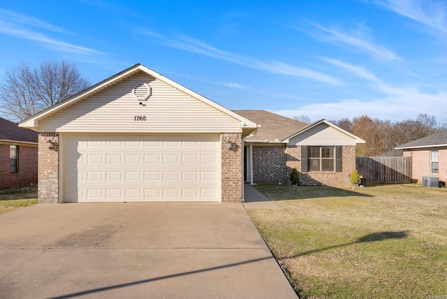 ranch-style house featuring a garage, fence, concrete driveway, and brick siding