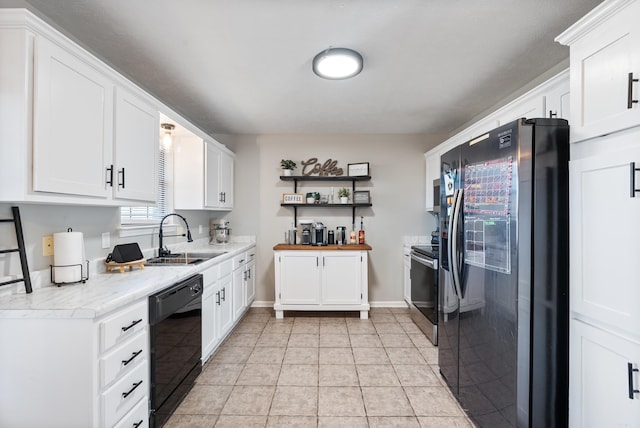 kitchen featuring smart refrigerator, stove, white cabinetry, a sink, and dishwasher