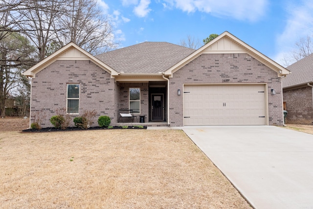 single story home with brick siding, a porch, a shingled roof, an attached garage, and driveway