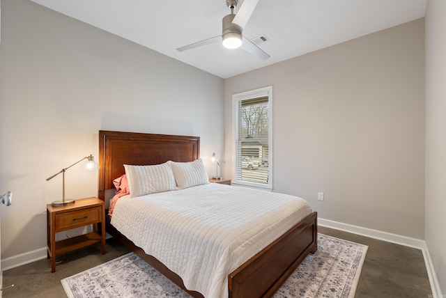 bedroom with visible vents, a ceiling fan, and baseboards