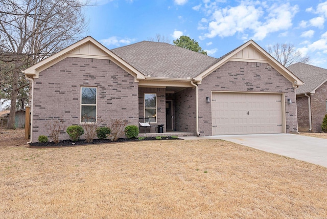 single story home featuring a garage, brick siding, concrete driveway, roof with shingles, and a front lawn