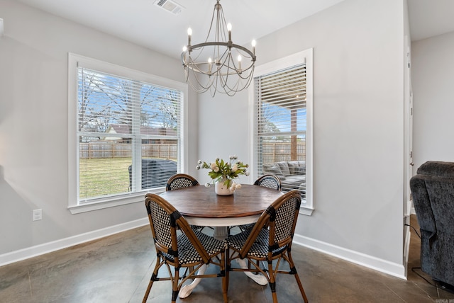 dining area featuring finished concrete flooring, baseboards, visible vents, and a healthy amount of sunlight