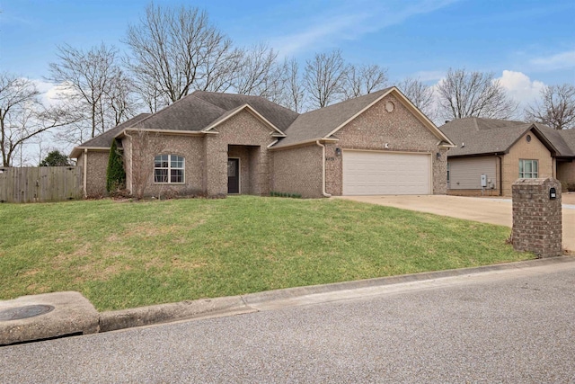 ranch-style house featuring brick siding, concrete driveway, fence, a garage, and a front lawn