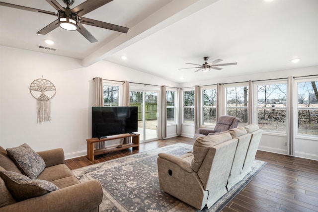 living room featuring vaulted ceiling with beams, dark wood-style flooring, a ceiling fan, visible vents, and baseboards