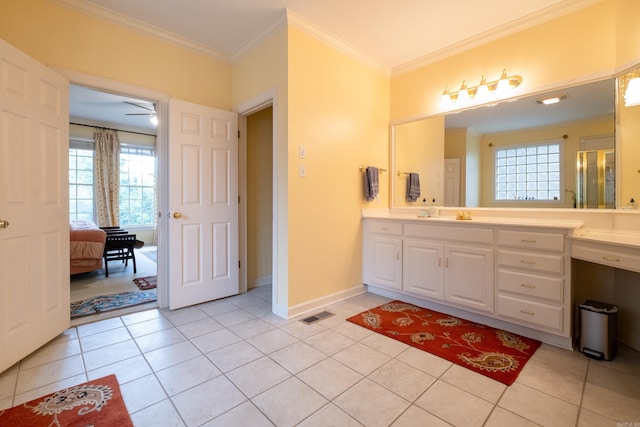 full bath with crown molding, visible vents, ensuite bath, baseboards, and tile patterned floors