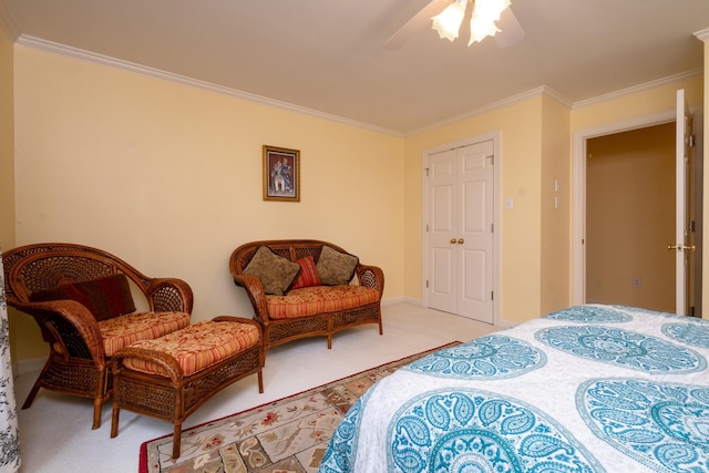 bedroom featuring light carpet, baseboards, ornamental molding, and a ceiling fan