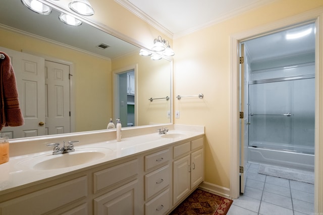 full bath featuring crown molding, visible vents, a sink, and tile patterned floors