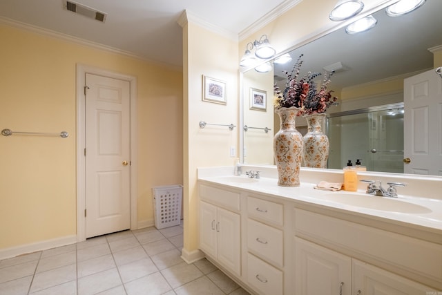 full bathroom with a sink, visible vents, and crown molding