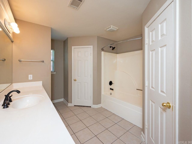 bathroom featuring  shower combination, tile patterned flooring, visible vents, and vanity