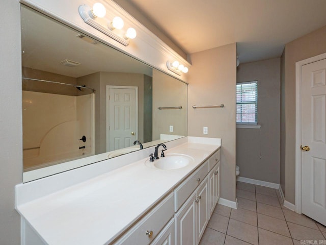 bathroom with toilet, visible vents, baseboards, vanity, and tile patterned floors