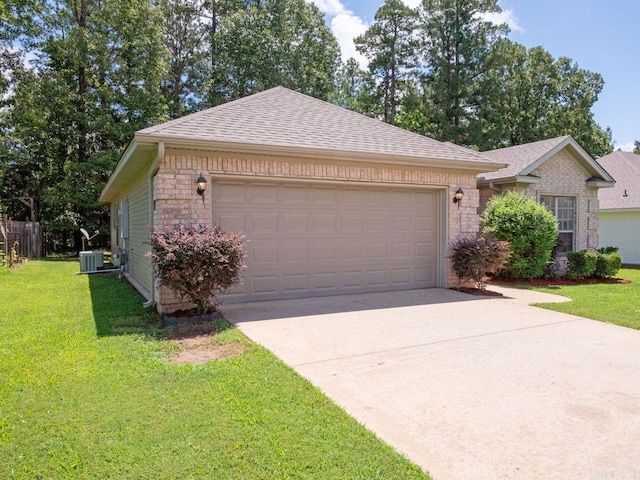 ranch-style house with an attached garage, central AC, brick siding, driveway, and a front lawn