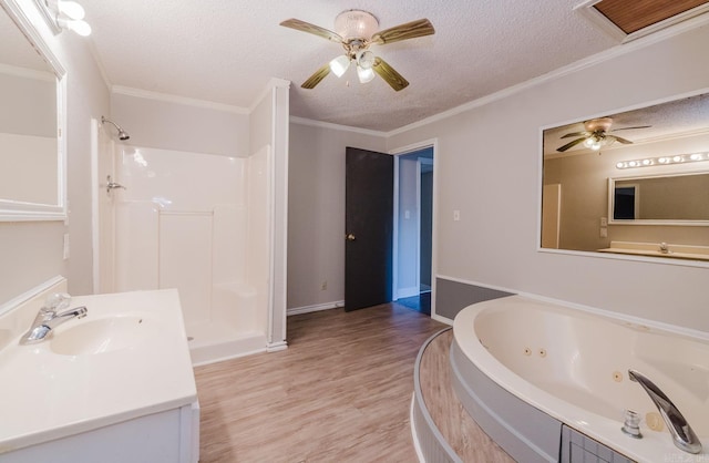 full bathroom with a textured ceiling, wood finished floors, and a walk in shower