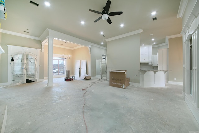 unfurnished living room with recessed lighting, baseboards, visible vents, unfinished concrete floors, and ceiling fan with notable chandelier