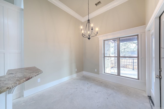 unfurnished dining area featuring visible vents, baseboards, ornamental molding, unfinished concrete flooring, and an inviting chandelier