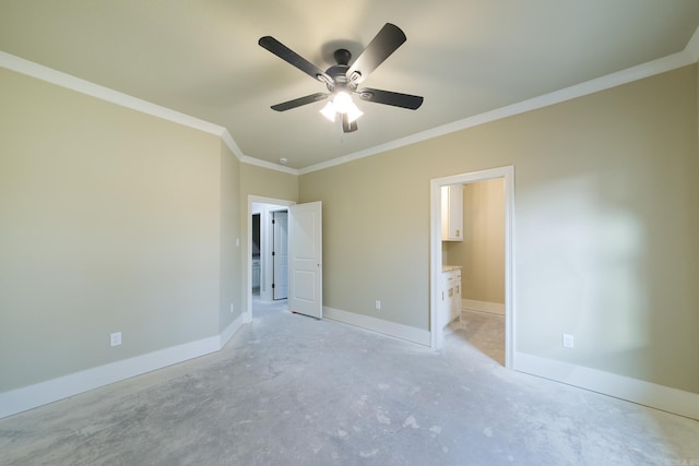 unfurnished bedroom featuring crown molding, ensuite bathroom, a ceiling fan, concrete floors, and baseboards