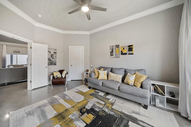 living area with ceiling fan, finished concrete floors, and crown molding