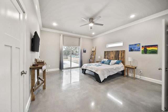 bedroom featuring finished concrete flooring, baseboards, ornamental molding, access to outside, and recessed lighting