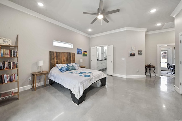 bedroom featuring recessed lighting, multiple windows, concrete floors, and baseboards