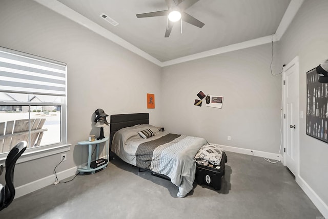 bedroom featuring ceiling fan, ornamental molding, visible vents, and baseboards