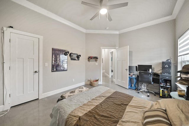 bedroom featuring ceiling fan, concrete floors, baseboards, and crown molding