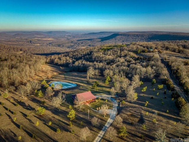 birds eye view of property featuring a mountain view and a view of trees