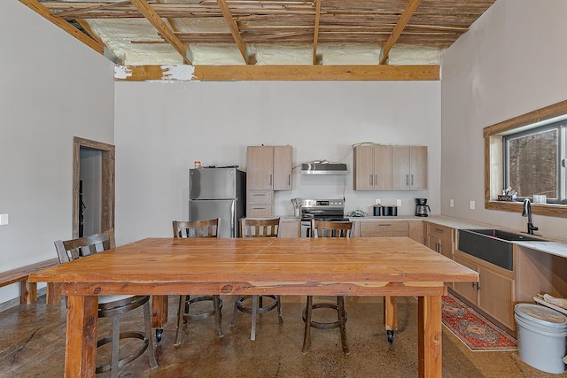 kitchen featuring light brown cabinetry, appliances with stainless steel finishes, a sink, and a towering ceiling