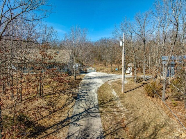 view of street with driveway and a wooded view