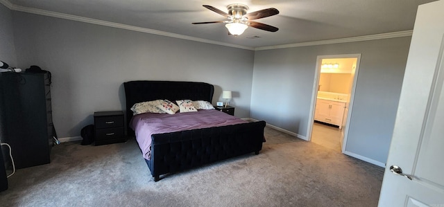 bedroom with light carpet, baseboards, a ceiling fan, ornamental molding, and ensuite bathroom