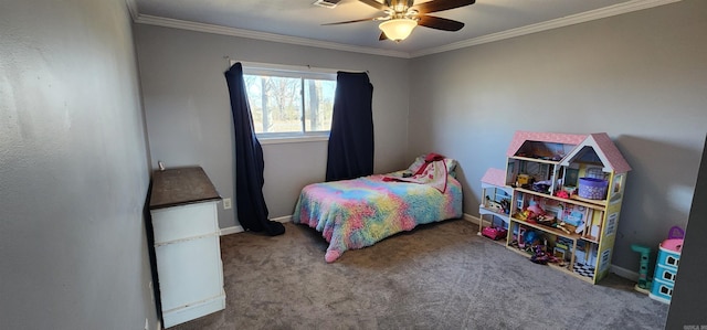 carpeted bedroom featuring ceiling fan, visible vents, ornamental molding, and baseboards