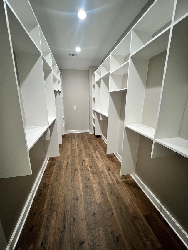 spacious closet with visible vents and dark wood finished floors