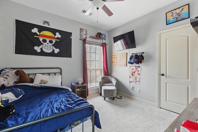 bedroom with a ceiling fan, carpet, visible vents, and baseboards