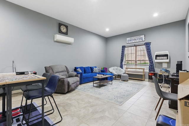 living room with recessed lighting, a wall unit AC, heating unit, and tile patterned floors