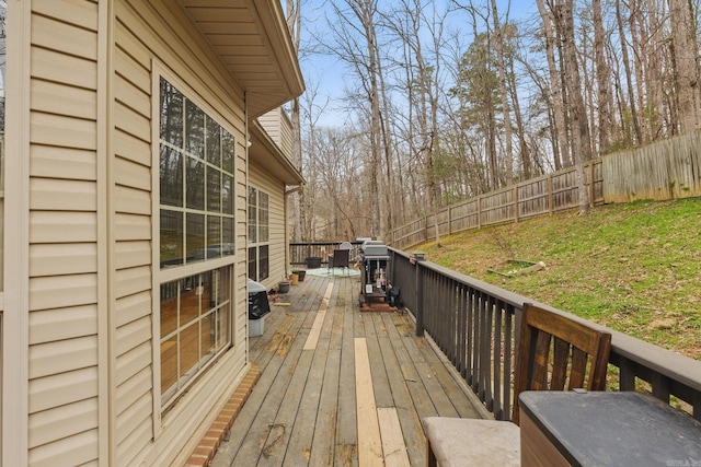 wooden terrace featuring a fenced backyard