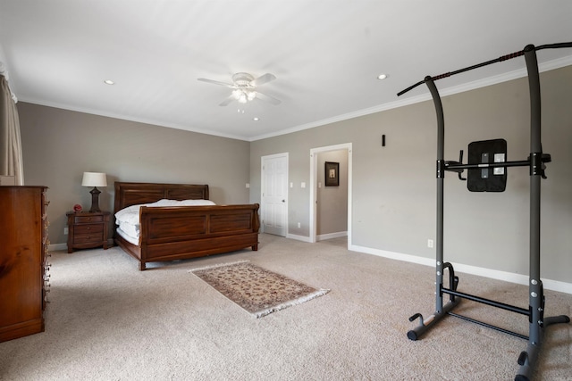 carpeted bedroom featuring recessed lighting, crown molding, baseboards, and ceiling fan