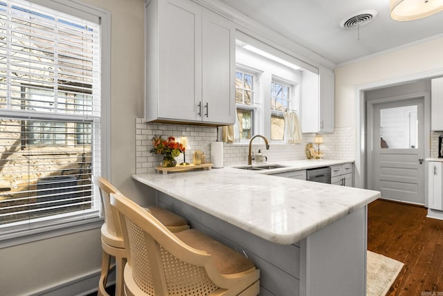 kitchen with tasteful backsplash, visible vents, a sink, dark wood-style floors, and stainless steel dishwasher