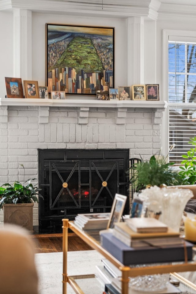 details featuring a brick fireplace