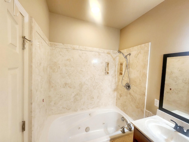 full bath with vanity and a combined bath / shower with jetted tub