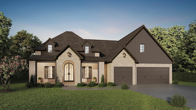 view of front facade with driveway, stone siding, board and batten siding, a front yard, and brick siding