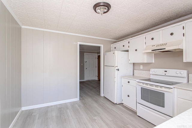 kitchen with light wood-style flooring, under cabinet range hood, white cabinetry, white appliances, and light countertops