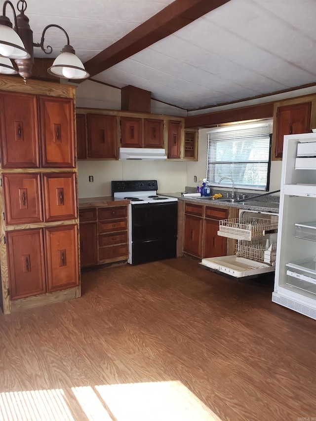 kitchen with under cabinet range hood, lofted ceiling with beams, brown cabinetry, and electric stove