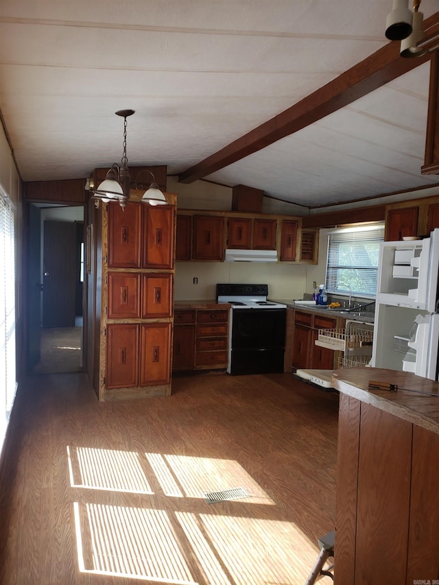 kitchen with an inviting chandelier, vaulted ceiling with beams, electric range oven, under cabinet range hood, and brown cabinets