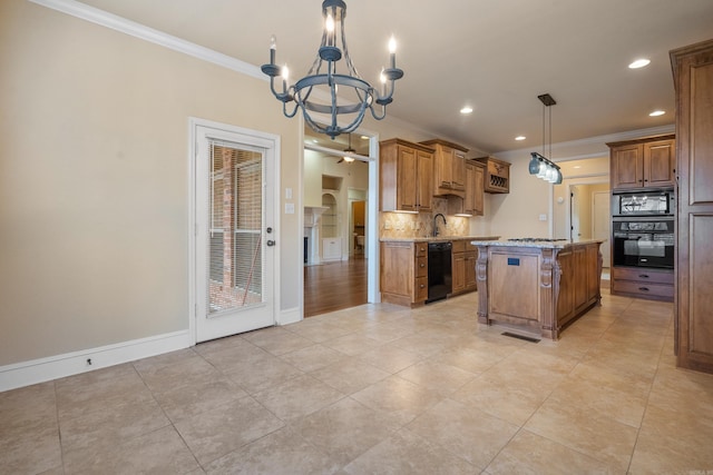 kitchen featuring decorative backsplash, brown cabinets, black appliances, and crown molding