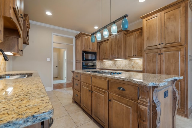 kitchen with black appliances, ornamental molding, tasteful backsplash, and a sink