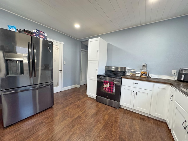 kitchen with wooden ceiling, white cabinets, appliances with stainless steel finishes, and dark wood-type flooring