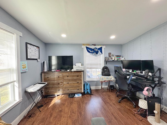 office with recessed lighting, baseboards, and wood finished floors